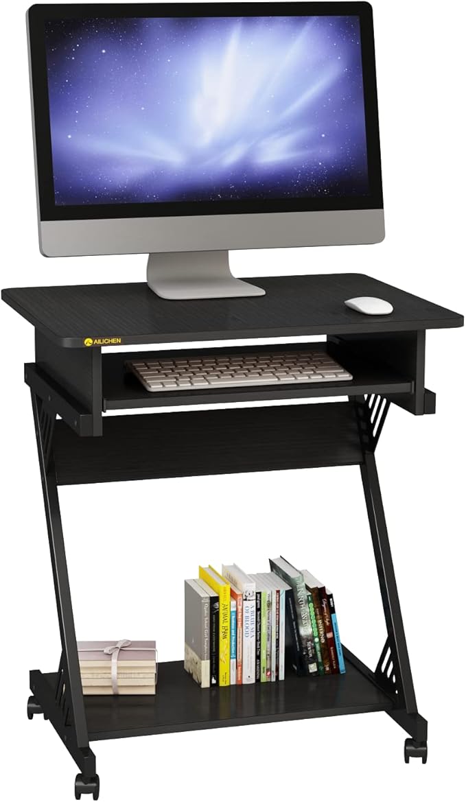 Computer Desk with Keyboard Tray 23.6 inch Rolling Small Desk with Wheels Computer Cart with Storage Mobile Desk Z Shaped for PC Home Office Black