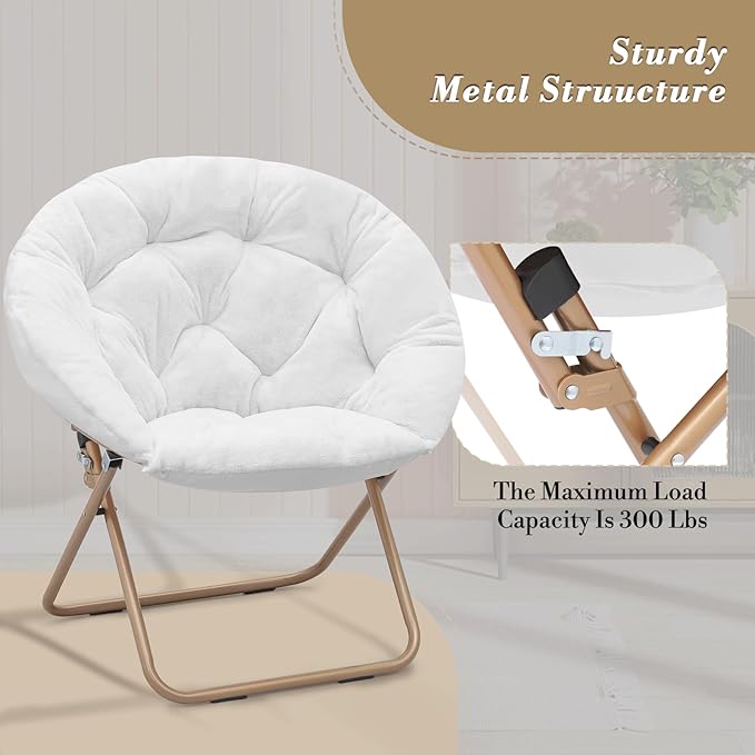 Athena Collection Round Saucer Chair with Ottoman Set of 2 for Adults Oversize Comfy Cozy Faux Fur Folding Reading Chair with Metal Leg Lazy Relaxing for Living Room Bedroom Dorm Apartment White