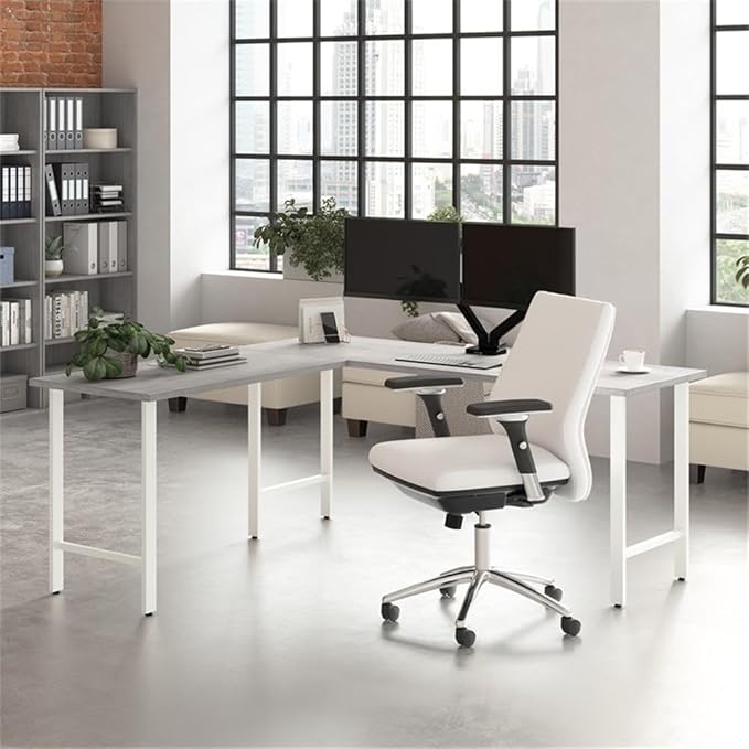 Pemberly Row 72W x 24D L Shaped Computer Desk Engineered Wood Platinum Gray Finish Durable Work Surface with Wire Management Sturdy Metal Legs Modern Home Office Desk for Small or Medium