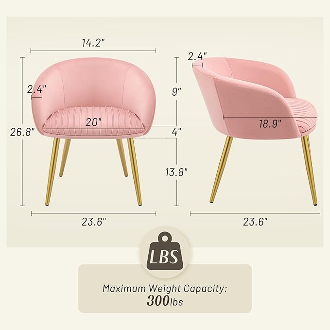 Accent Armchair No Wheels Girls Desk Chair Comfy for Makeup Vanity 20 Extra Wide Cushion Tufted Upholstered Modern Dining Chairs with Gold Metal Legs Bedroom Living Room Home Office Pink