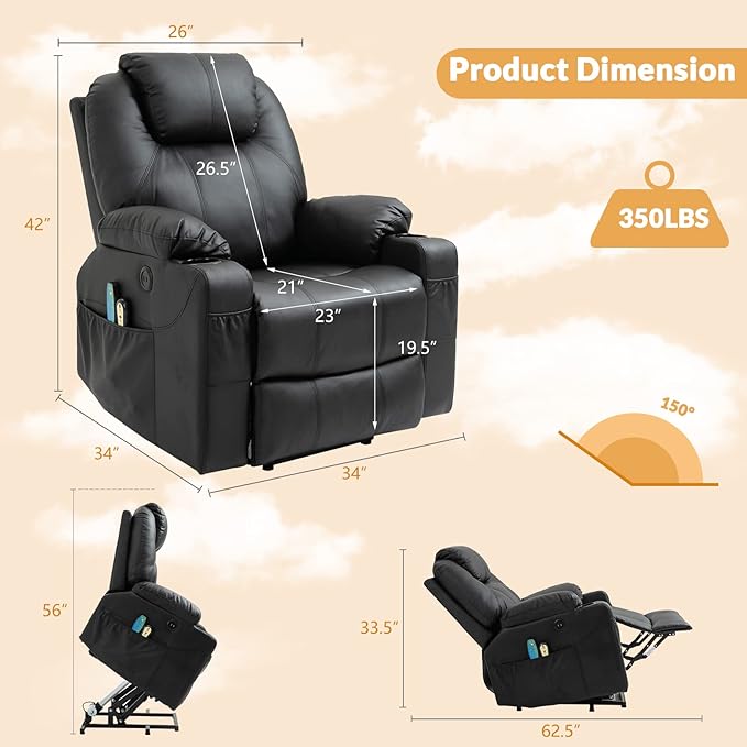 Electric Power Lift Recliner Chair with Heat and Massage Lift Recliner for Elderly Single Sofa recliners for Living Room with Cup Holders 4 Pockets USB Ports Faux Leather (Black)