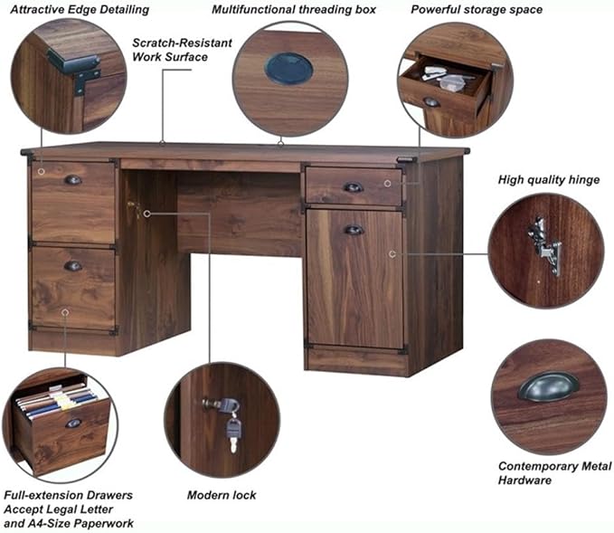 Pemberly Row Executive Desk 61.4 W x 23.7 D x 29.6 H Engineered Wood Dark Walnut Finish 2 Locking File Drawers Accessory Drawer Cabinet Storage Durable Laminate Home Office or Workspace