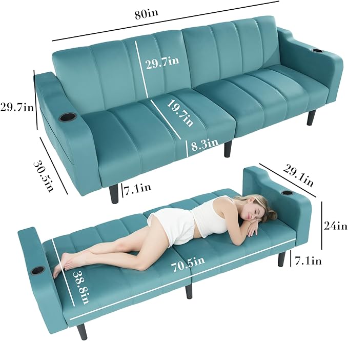 80 Velvet Futon Sofa Bed Convertible Sleeper Loveseat with Cup Holders &amp Storage Pockets Mid Century Modern Couch for Living Room Bedroom Office Small Space (Teal Blue)