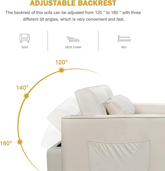 55.51 Small Loveseat Sleeper Sofa Bed Velvet Pull Out Couch Bed with Adjustable Backrest and Side Pockets for Living Room Bedroom Apartment (Beige)