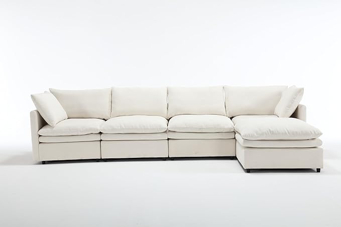 kevinplus 129.92'' Modular Sectional Sofa Couch with Convertible Ottoman for Living Room Modern Contemporary 4-Seat L-Shape U-Shape Upholstered Sofa Couch Free Combination Polyester Fabric Beige