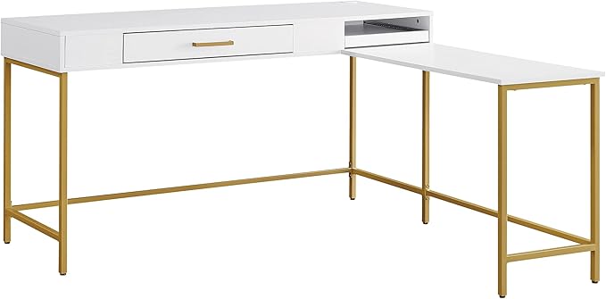 OSP Home Furnishings Modern Life Contemporary L-Shaped Desk with Large Drawer and Built-in Power Charging Port White