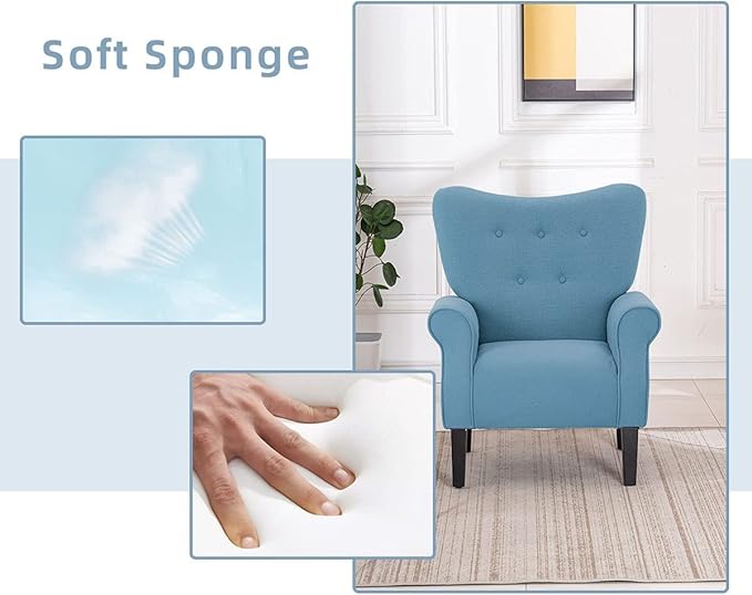 YOLENY Modern Accent ChairHigh Back ArmchairUpholstered Fabric Button Single Sofa with Wooden Legs for Living RoomBedroomClubLight Blue