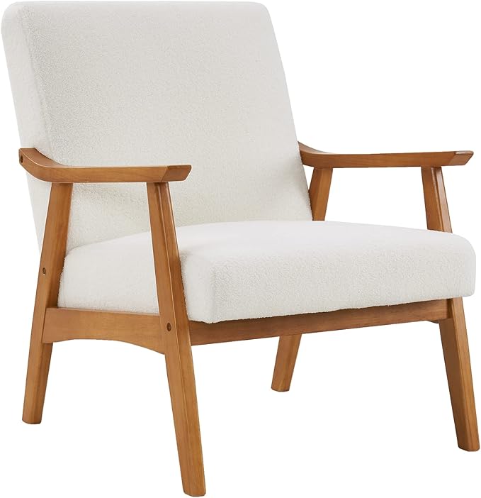 Accent Chair for Living Room Mid-Century Modern Lounge Chair with Solid Wood Legs Comfortable Reading Armchair for Office Apartment Bedroom Waiting Room Off-White