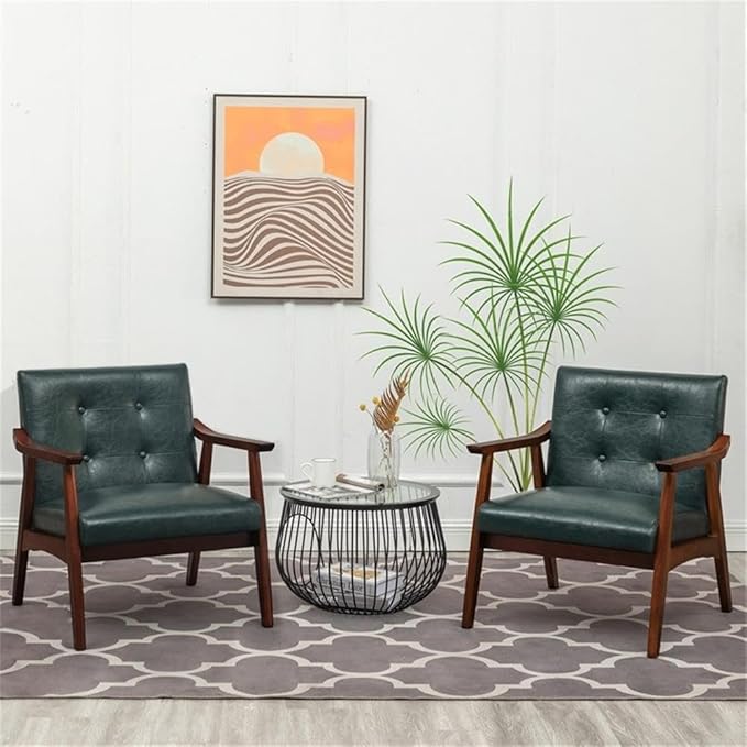 Pemberly Row Accent Chair 28.5 x 27.5 x 31 in Green Faux Leather Upholstery Solid Rubberwood Espresso Frame Button-Tufted Mid-Century Modern Seating for Living Room or Home Office