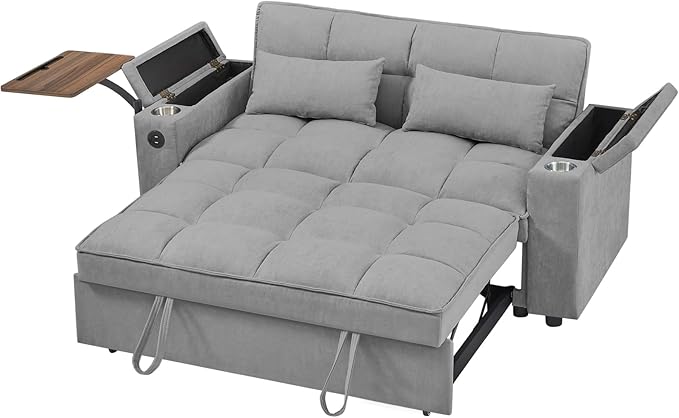 65'' 3-in-1 Folding Convertible Sofa Bed Queen Size Pullout Sofa Modern Chenille Fabric 360° Swivel Side Table Easy Assembly Perfect for Living Room