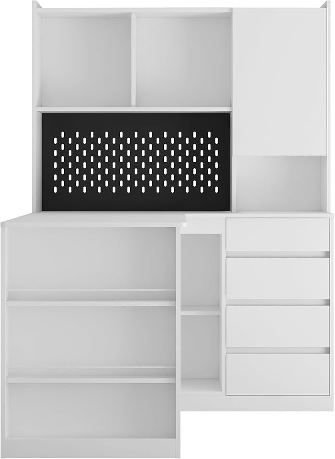 White L-Shaped Home Office Desk with Hutch &amp Drawers Modern Corner Desk with LED Light &amp Bookshelf Wood Study Writing Table Gaming Computer Desk for Bedroom Home