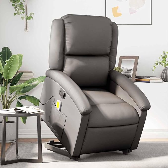 vidaXL Gray Real Leather Power Lift Massage Recliner - Electric Motor Stand-Up Armchair Manual Tilt Vibration Massage Foam Padded