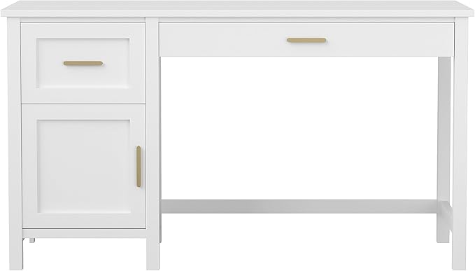 Martha Stewart Hutton Shaker Style Home Office Desk with Storage in White with Polished Brass Hardware