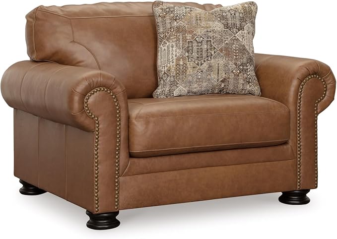 Signature Design by Ashley Carianna Contemporary Leather Match Upholstered Oversized Chair with Nailhead Trim and 1 Accent Pillow Dark Brown