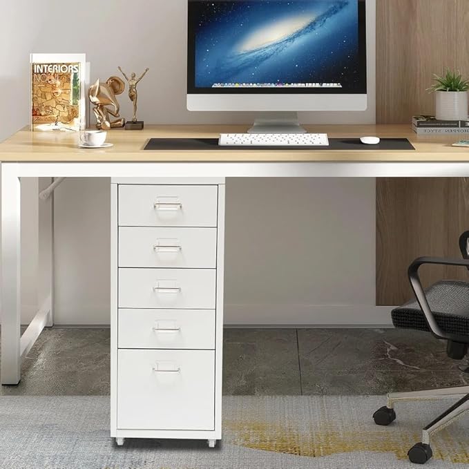 5-Drawer File Cabinet Office Filing Cabinet Stand Storage Organizer with Wheels Freestanding Rolling Storage Dresser Mutifuctional Tool Organizer for Kitchen Bedroom Living Room (White)