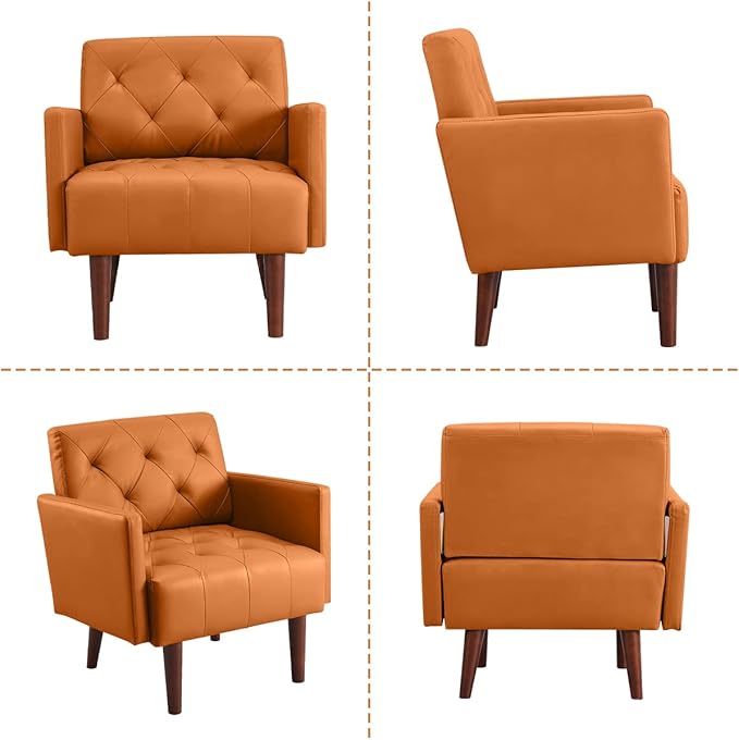 Faux Leather Accent Chair Modern Retro Arm Chair for Living Room and Bedroom Tufted Upholstered Sofa Club Chair Comfy Armchair for Small Spaces Bedroom Office (Orange)