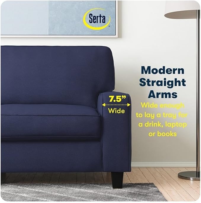 Pemberly Row 61 Track Arm Loveseat Sofa Navy Blue Polyester Upholstery Removable Covers Compact Space-Saving Design Solid Wood Frame Modern Style for Apartments Home Office or Living Room Use
