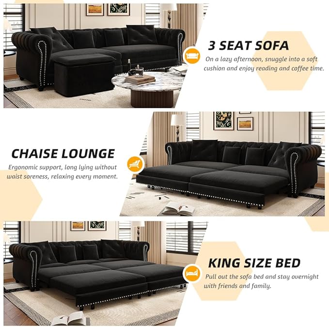 89'' King Size Velvet Convertible 3-in-1 Pull-Out 3 Seater Tufted Sleeper Sofa Bed with Movable Ottoman Fold Out Couch for RV Small Spaces Hide-A-Bed Space-Saving Black
