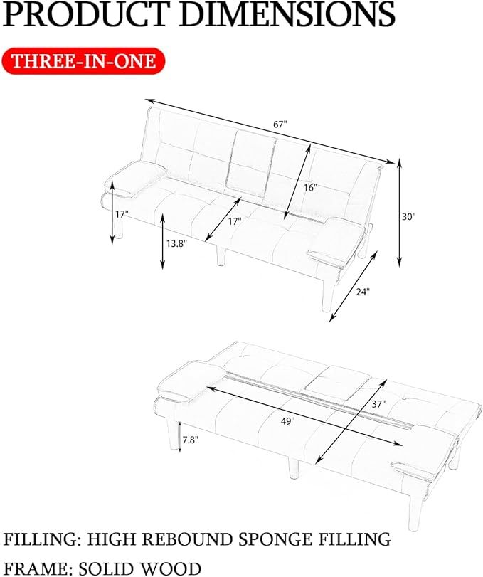 Convertible Folding Futon Sofa Bed Fabric Linen Upholstered Modern Couch Loveseat Sleeper Folding Daybed Guest Bed Removable Armrests 2 Cup Holders Metal Legs (Black New)