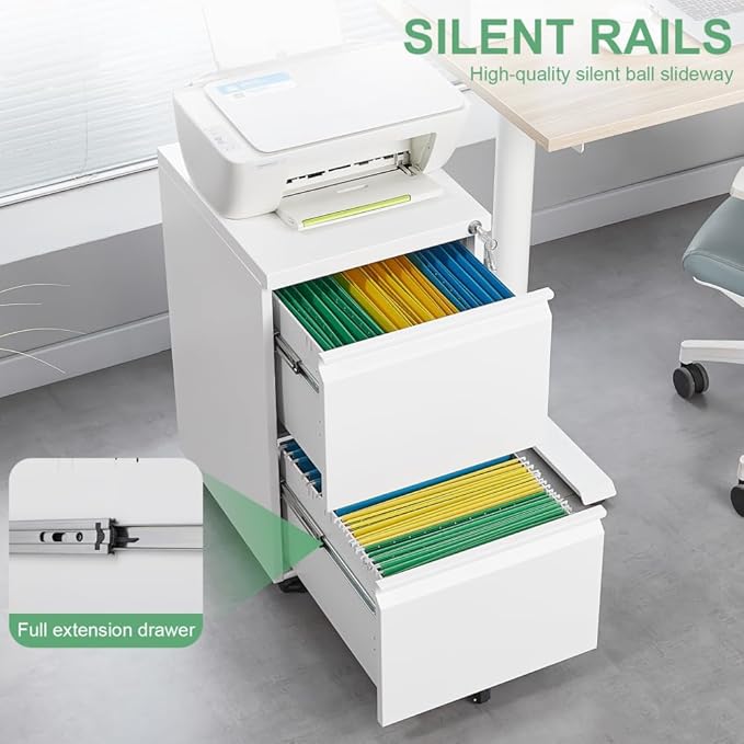 Heavy-Duty Steel Office File Cabinet with Locking Drawers Mobile Vertical Storage Unit for Legal Letter and A4 Documents (2 Drawer White)