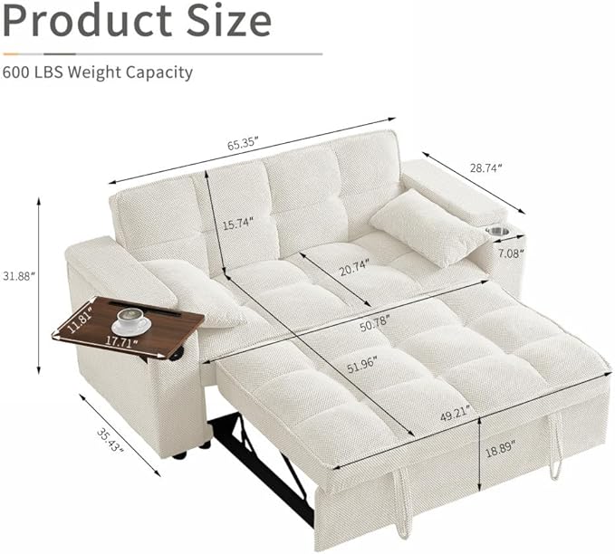 65'' Convertible Sleeper Sofa Bed with Adjustable Backrest Chaise Lounge Side Table &amp USB/Type-C Ports – Stylish &amp Functional Addition to Any Living Room (Modern Beige Sofa Bed)