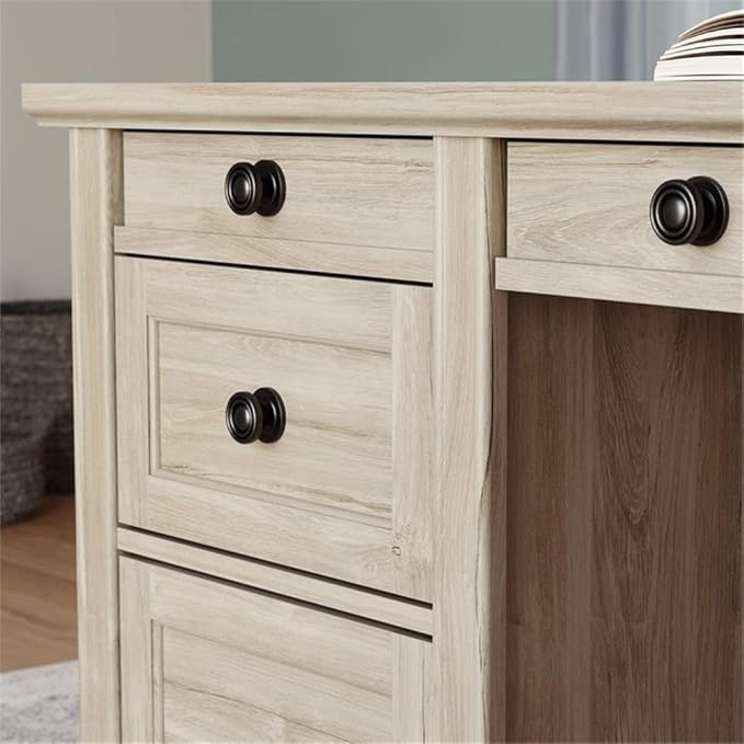 Pemberly Row Executive Desk Engineered Wood Chalk Oak Finish 1 Thick Top Double Pedestal with Storage Drawers Solid Wood Feet Home Office Desk with Grommet Holes for Organized Workspace