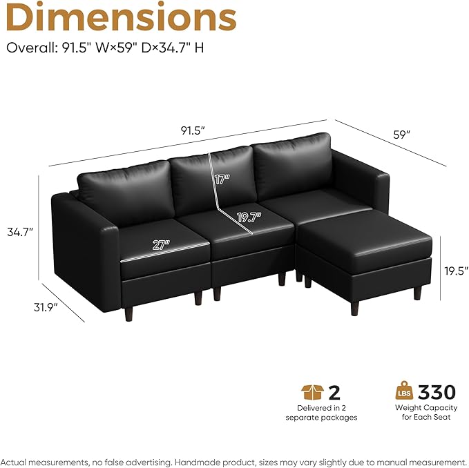 ABCASA Faux Leather Modular Sectional Sofa 91.5 L Shaped Couch Set for Living Room 3-Seater Comfy Cloud Couches with Movable Storage OttomanDIY Combination - Black