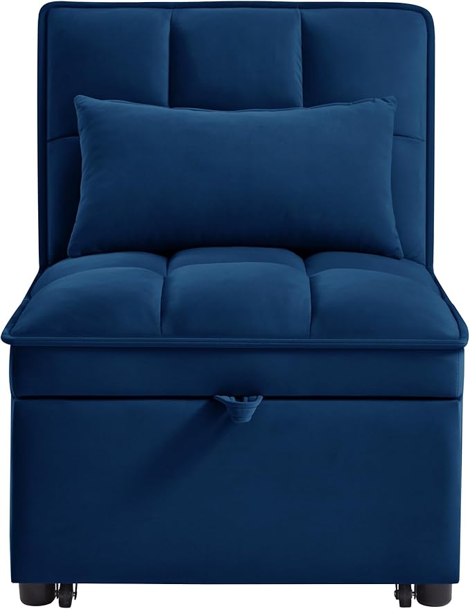3 in 1 Convertible Sleeper Sofa Chair Velvet Tufted Single Pull Out Couch Bed with Adjustable Backrest and Pillow Multi-Function Chaise Lounge with Pockets for Livingroom Home OfficeNavy