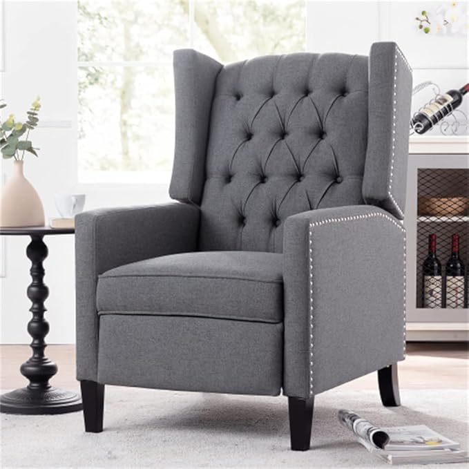 Arm Pushing Recliner Chair Modern Button Tufted Wingback Manual Push Back Recliner Chair with Nailhead Trim &amp Wood Legs Upholstered Living Room Chair Single Reclining Sofa Home Theater Seating