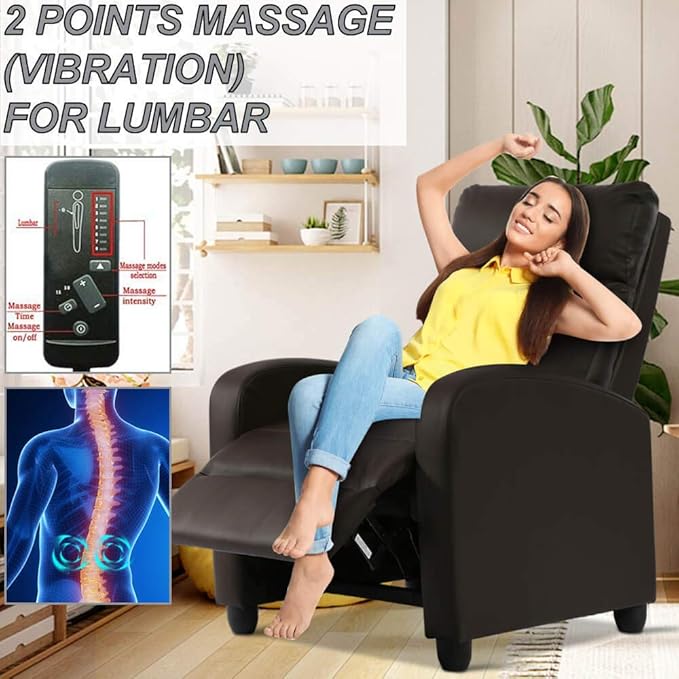 Leather Recliner Chair Living Room Chair Massage Reclining Chair Ergonomic Home Theater Seating Single Recliner Sofa Chair with Pu Leather Padded Seat Backrest for Living Room