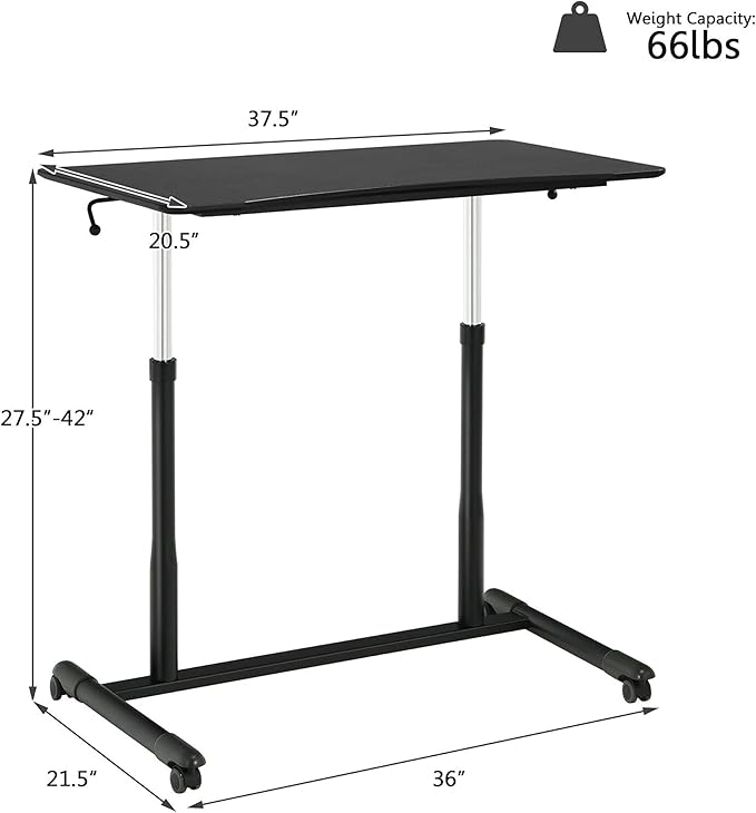 DORTALA Ergonomic Sit Stand Desk Pneumatic Height Adjustable Desk on Wheels Mobile Bedside Computer Desk w/Lockable Casters Sturdy Steel Frame for Living Room Bedroom Office Black