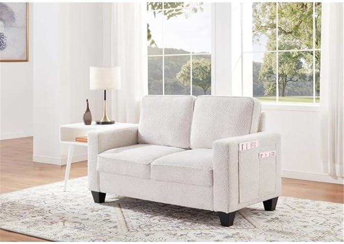 BOWERY HILL Transitional 57 W Boucle Fabric Loveseat Sofa with Built-in USB Charging Port and Functional Side Pockets in Beige