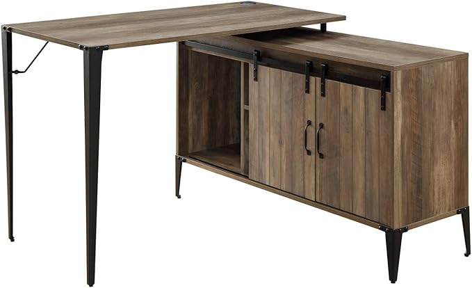 Zakwani 48 L-Shaped Writing Desk - Gray Oak &amp Black Finish (Versatile Home Office Desk - Sliding Barn Door Storage