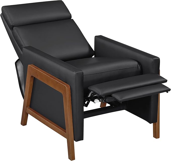 Lexicon Push Back Recliner Chair Faux Leather Upholstered Reclining Chair with Footrest Exposed Dark Brown Finish Wood Frame Small Recliner for Small Space Living Room Bedroom Black