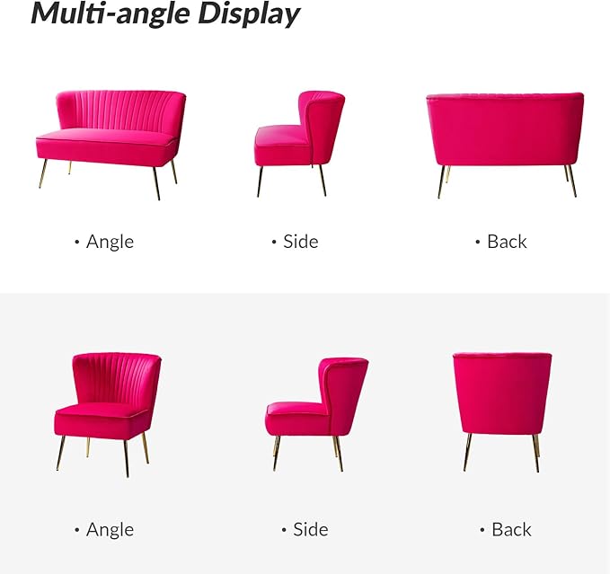 HULALA HOME 3 Piece Velvet Living Room Furniture Set Modern Comfy Upholstered Chair Set with Golden Legs include Loveseat &amp 2 Accent Chairs for Bedroom FUCHSIA Tufted 2-Seater Sofa &amp Armles