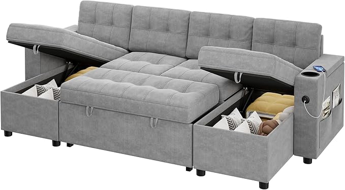 IDEALHOUSE U-Shaped Couches for Living Room Sofa Bed for Living Room with Reversible Storage Chaises and Hidden Storage Armrests Cup Holders and USB Charging Ports Included Light Grey
