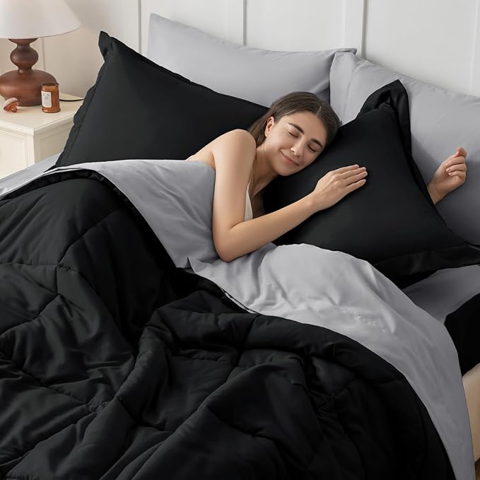 JOLLYVOGUE Twin XL Comforter Set Ultra-Soft Bed in a Bag Twin XL Size 5 Pieces Oeko-TEX Certified Bedding Set with Down Alternative Comforter Sheets Pillowcases &amp Shams Black &amp Light Grey