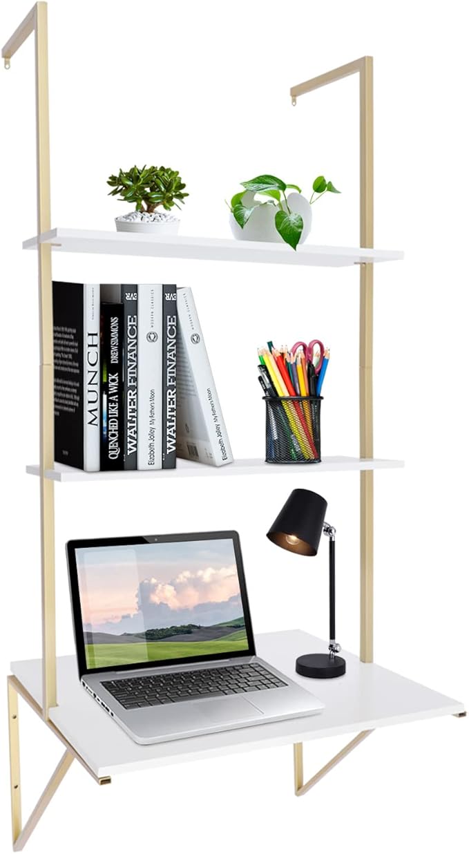 Wall Mounted Desk Floating Desk Shelf Wall Mounted Table with 3 Storage Shelves Space Saving Wall Mounted Laptop Computer Desks Ideal for Home Office Dormitory Small Spaces (White)