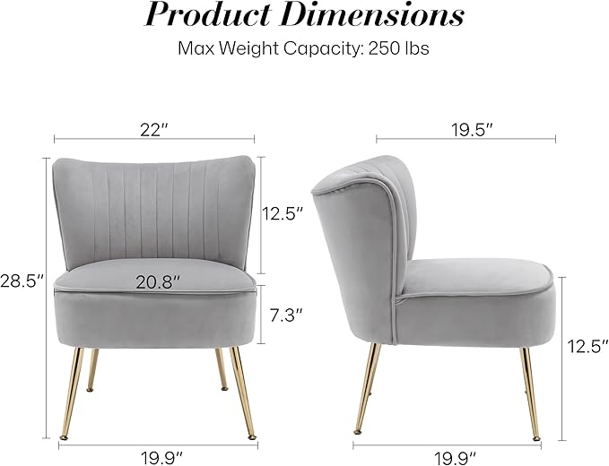 Velvet Accent Chair Set of 2 Comfy Upholstered Side Chair with Gold Metal Legs and Padded Seat Modern Small Corner Armless Living Room Chairs with Wing Back Light Gray