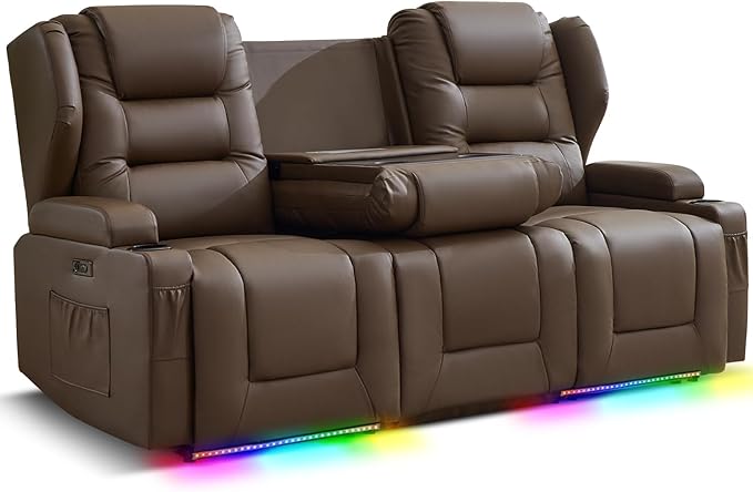 3-Seater Power Recliner Sofa Couch Flip Middle Backrest Reclining Sofa Chair for Living Room with Charging Station/Cup Holders/LED Ambient Light