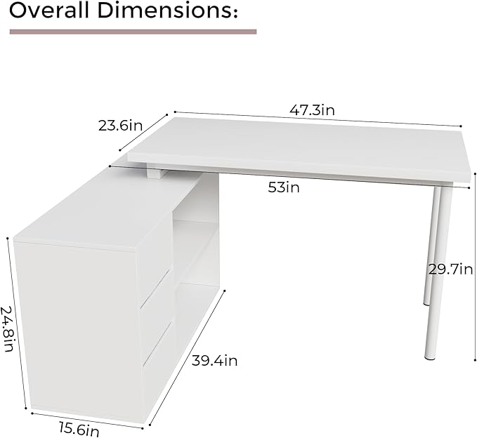 Home Office Computer Desk Corner Desk with 3 Drawers and 2 Shelves 53-inch L-Shaped Study Desk with Storage White