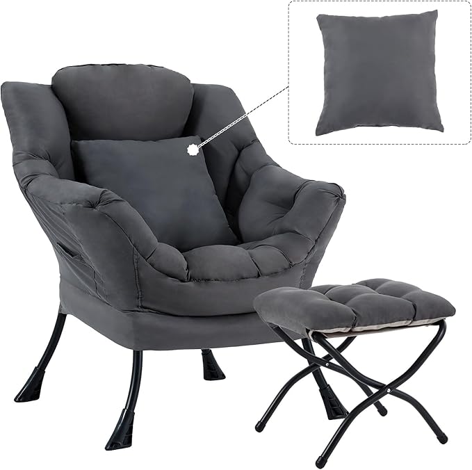 Lazy Chair with Ottoman Comfy Reading Lounge Chair with Footstool &amp Throw Pillow Modern with Armrests &amp Side Pocket for Living Room Bedroom Dorm Room Dark Grey