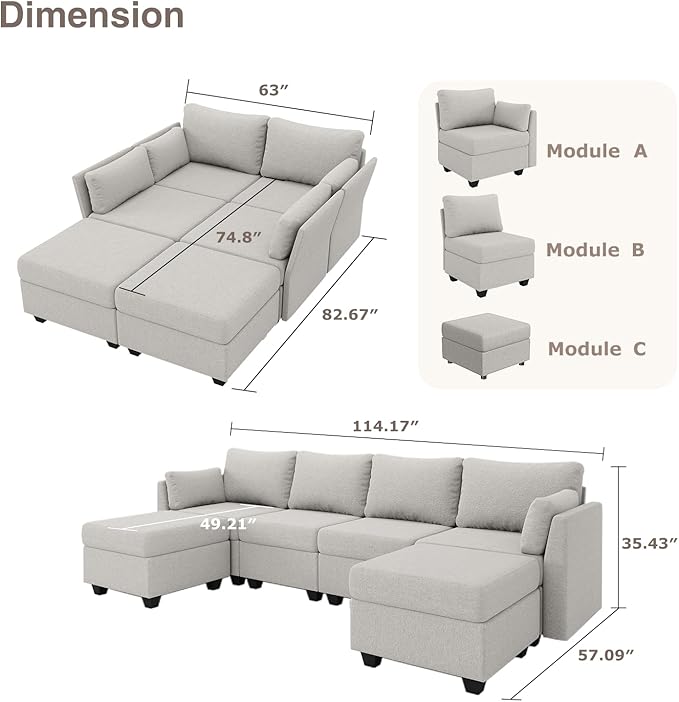 114.17 Modular Sectional Sofa 6 Seat Sectional Couches with Storage Memory Foam Convertible Modular Couch for Living Room U Shaped Comfy Modular Sofa with Chaise Light Grey