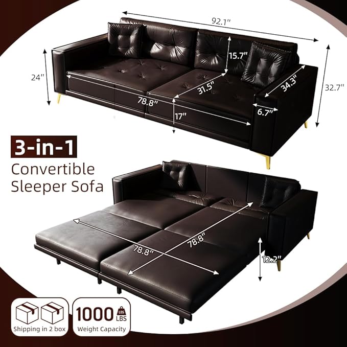 92 King Pull Out Sofa Bed PU Leather Convertible Sleeper Couch with Tufted Design Oversized 4-Seater Modern Mid Century Sectional Couch for Living Room Small Spaces Dark Brown