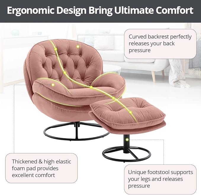 Velvet Swivel Accent Chair with Ottoman Set Modern Lounge Chair with Metal Base Frame &amp Footrest Comfortable Single Leisure Sofa Chair Reading Chair with 360 Degree Swiveling for Living Room Pi