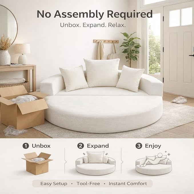 Convertible Round Sofa Bed 67 Corduroy Upholstered Loveseat Sleeper Couch Pull-Out Floor Bed with 3 Pillows No Assembly 550 lbs Weight Capacity (Beige)