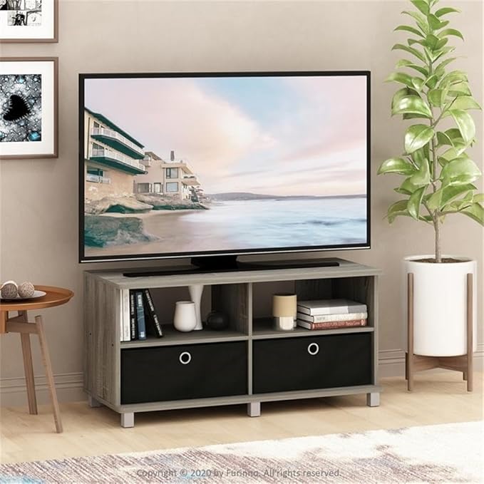 Furinno Andrey Entertainment Center with Bin Drawers French Oak Grey/Black