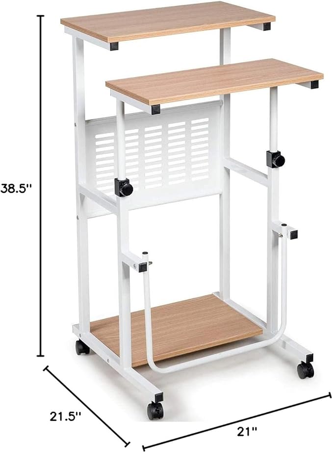 Tangkula Adjustable Standing Desk Mobile Rolling Computer Desk with Storage Shelf Portable Laptop Table with Footrest Mesh Panel Lockable Wheels Sit Stand Workstation for Home Office
