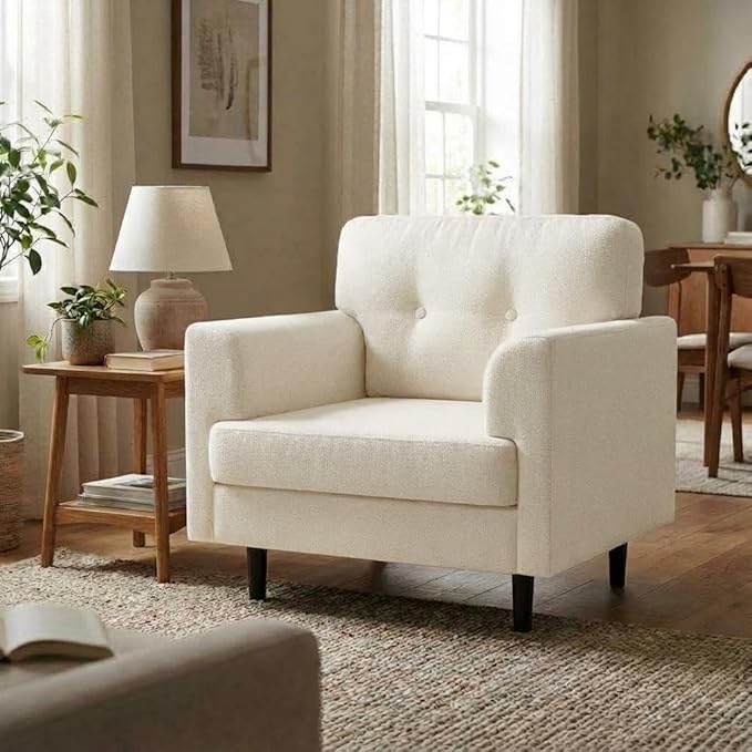 Garvee 38 Wide Armrest Accent Chair Linen Upholstered Reading &amp Lounge Chair for Living Room Bedroom Office &amp Reading Nook High-Density Foam Comfortable Single Sofa Chair（Beige）
