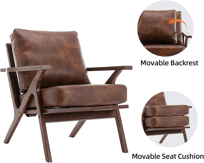 INZOY Mid-Century Modern Accent Chair Set of 2 PU Leather Living Room Chair and Soft Thick Padded Armchair for Living Room Bedroom Reception with Removable Upholstered Cushions Reddish Brown